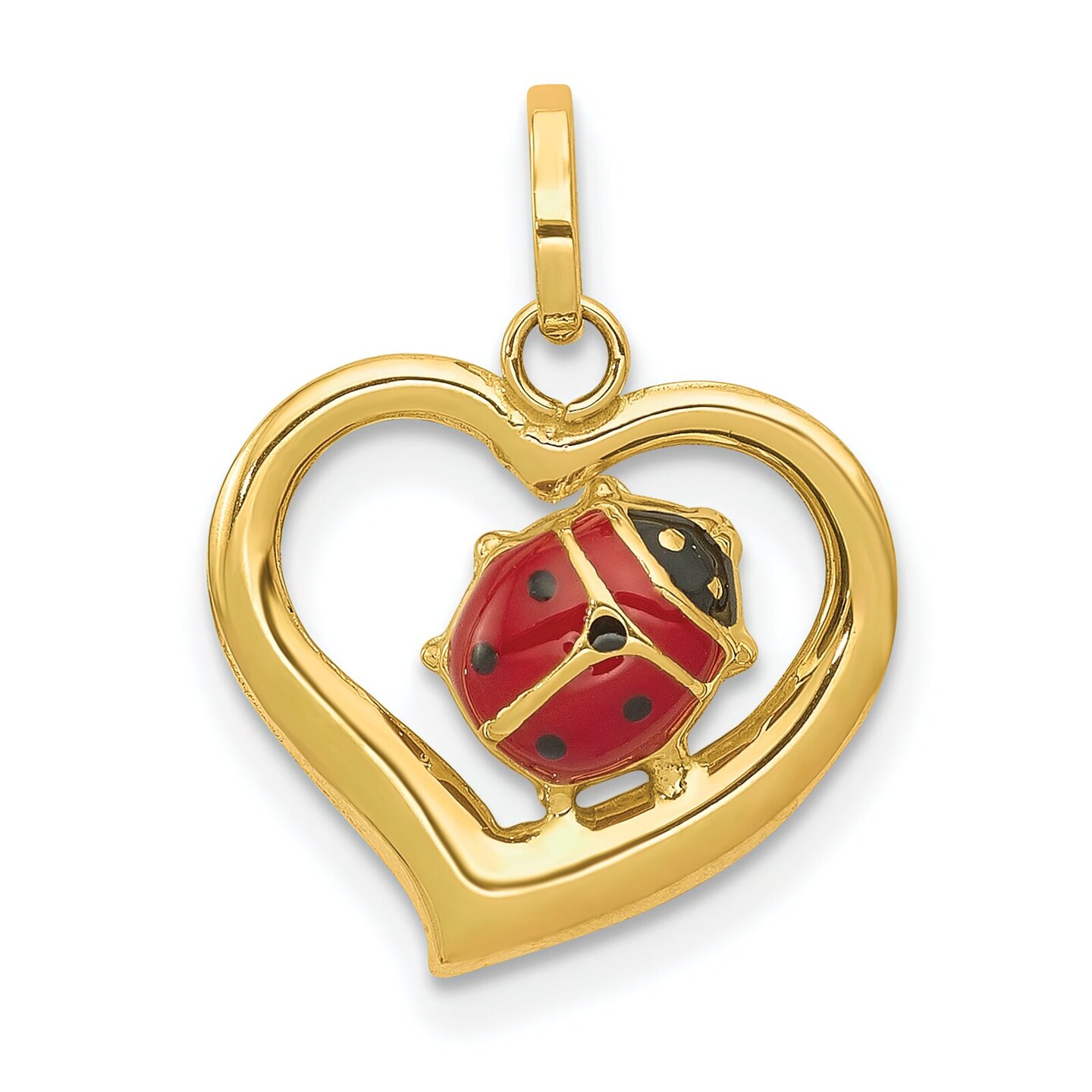 14K Yellow Gold Enameled Ladybug Heart Charm Jewelry