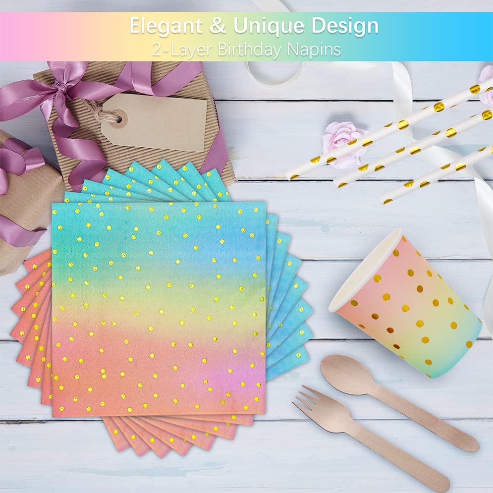 168PCS Pink and Gold-Pastel Party Supplies, Severs 24 Disposable Party Dinnerware Include Paper Party Plates, Cups, Napkins, Straw, Wooden Fork Spoon for Wedding, Rainbow Party, Birthday Baby Shower