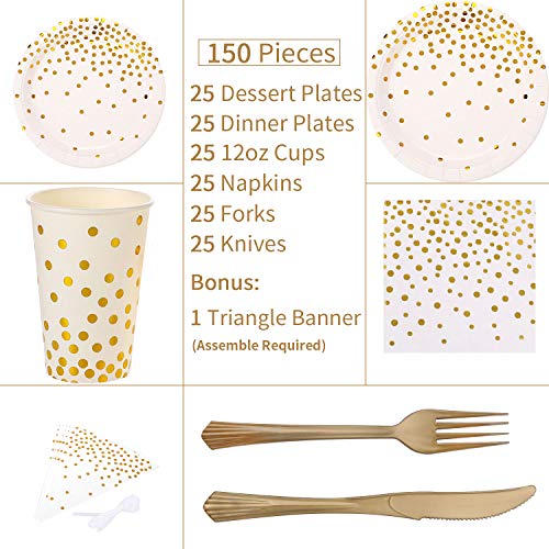 150 Pcs White and Gold Party Supplies Golden Dot Disposable Party Dinnerware Includes Paper Plates, Napkins, Knives, Forks, 12oz Cups, Banner, for Bridal Shower, Engagement, Wedding, Serves 25