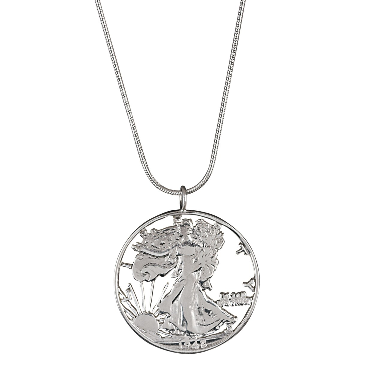 American Coin Treasures Silver Walking Liberty Half Dollar Hand Cut Coin  Sterling Silver Necklace