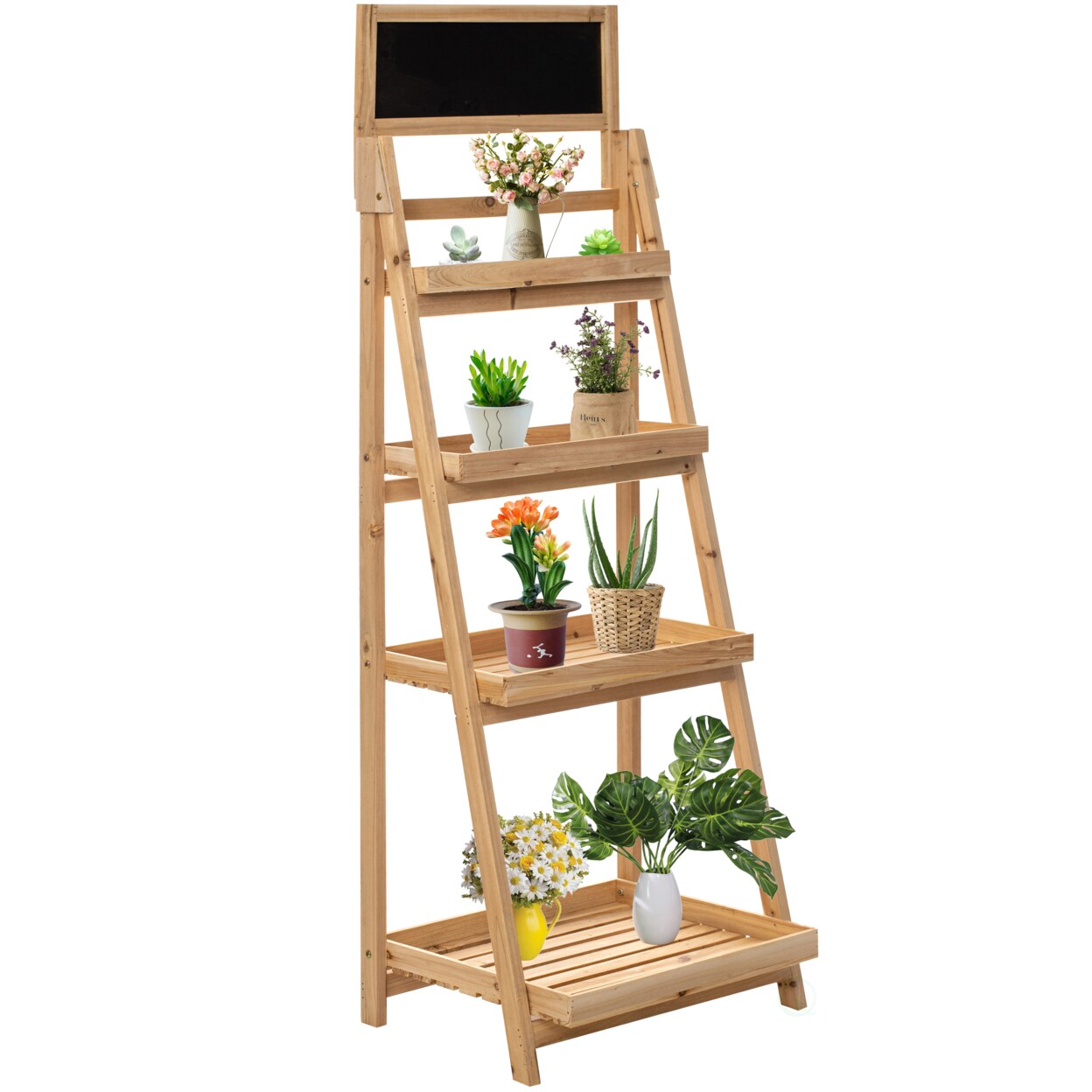 Vintiquewise Decorative Wooden 4-Tier Chalkboard Ladder Shelf Flower Plant Pot Display Shelf Bookshelf Plant Flower Stand Storage