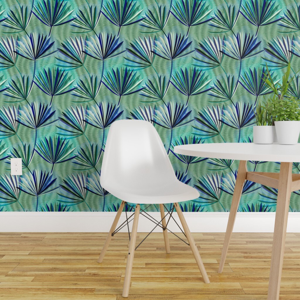 Peel And Stick Wallpaper 2ft Wide Jungle Palm Tropical Foliage Rainforest Summer Electric Blue