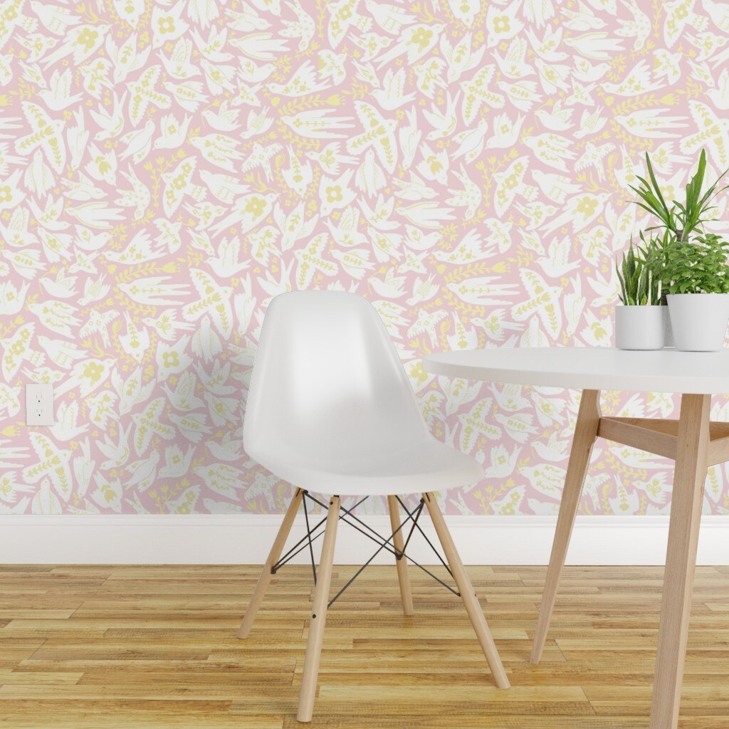 Pre-Pasted Wallpaper 2FT Wide Whimsical Doves Pastel Pink Yellow Birds Floral Custom Pre-pasted Wallpaper by Spoonflower