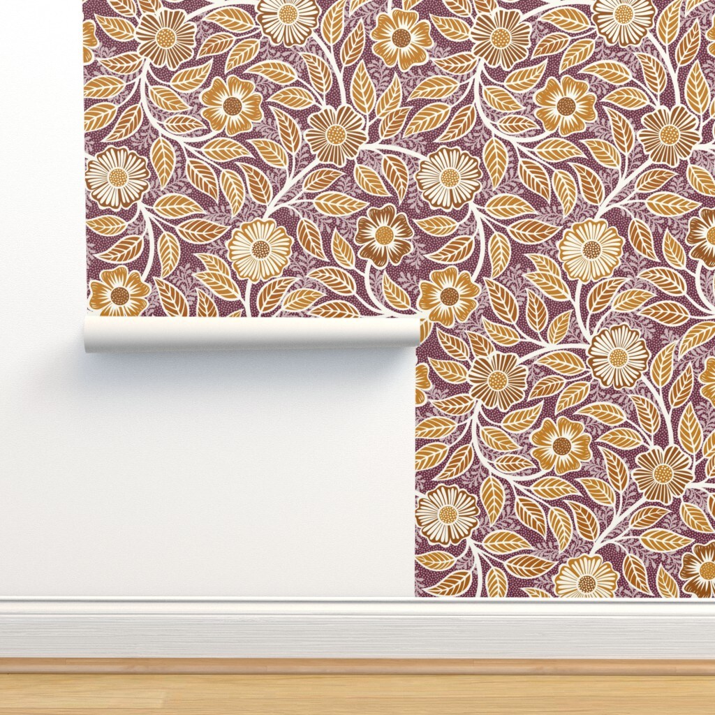 Peel &#x26; Stick Wallpaper 2FT Wide Yellow Wine Autumn Fall Floral Vintage Climbing Vines Victorian Bright Summer Large Scale Cottagecore French Country Farmhouse Art Nouveau Custom Removable Wallpaper by Spoonflower