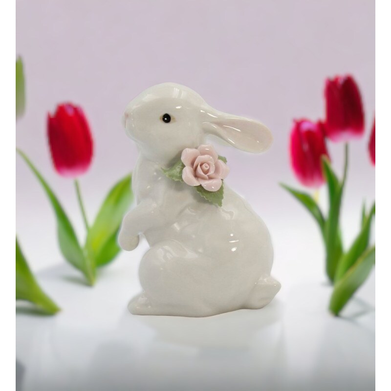 kevinsgiftshoppe Springtime Bunnies: Standing Easter Bunny Rabbit with Pink Rose Flower Figurine