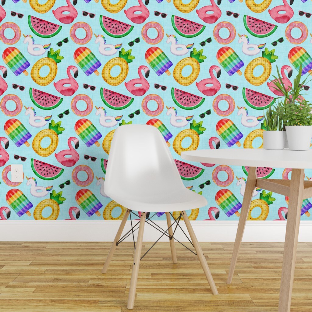 Peel &#x26; Stick Wallpaper 2FT Wide Summer Flamingo Watermelon Popsicle Pool Pineapple Unicorn Custom Removable Wallpaper by Spoonflower