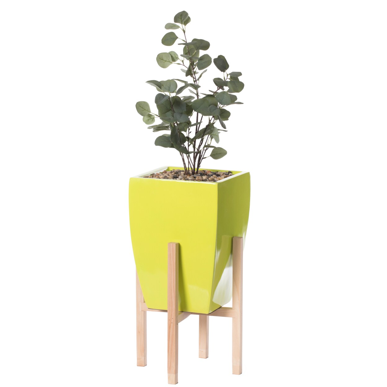 Square Indoor Planter With Wooden Stand Fiberglass 11.25&#x22; Pot Modern Design