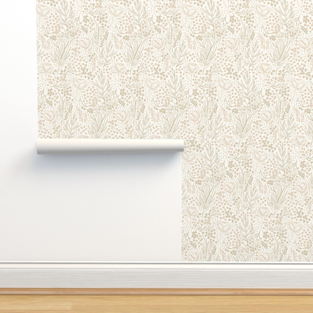 Neutral Flowers Ditsy Beige Floral Hand Drawn Line Art Custom Pre-pasted Wallpaper by Spoonflower Pre-Pasted Wallpaper 2FT Wide