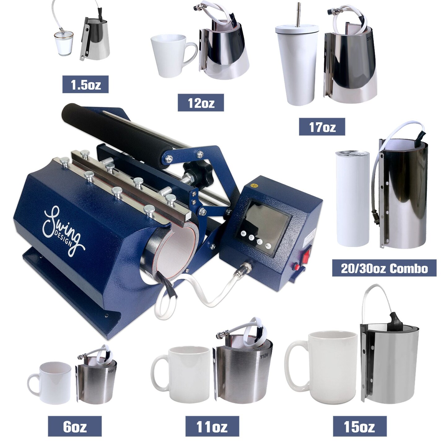 Swing Design 7-in-1 Tumbler Heat Press 20oz/30oz Bundle - Navy