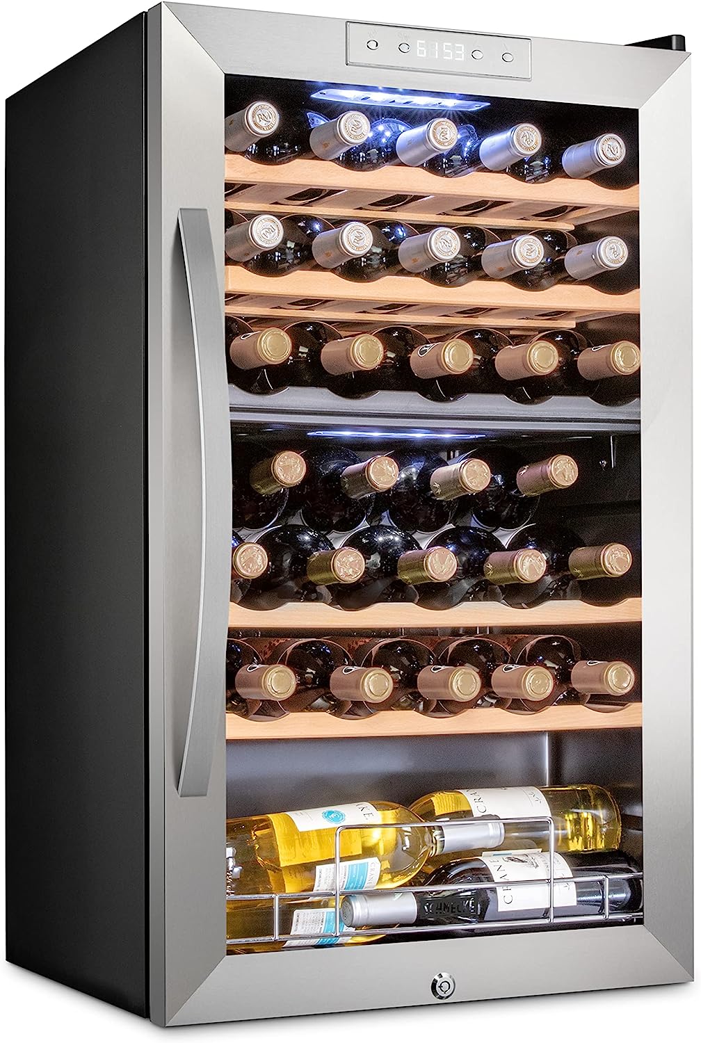 Schmecke 33-Bottle Dual Zone Wine Fridge, Freestanding Wine Refrigerator, Small Wine Cooler
