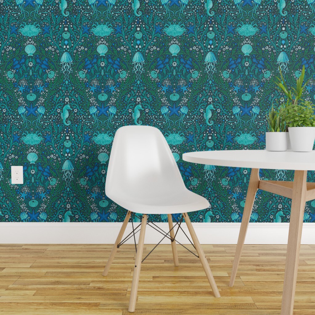 Peel & Stick Wallpaper 2FT Wide Blue Small Scale Ocean Aquatic Life  Seahorses Seaweed Aqua Water Beach Coastal Jellyfish Sea Urchin Custom  Removable