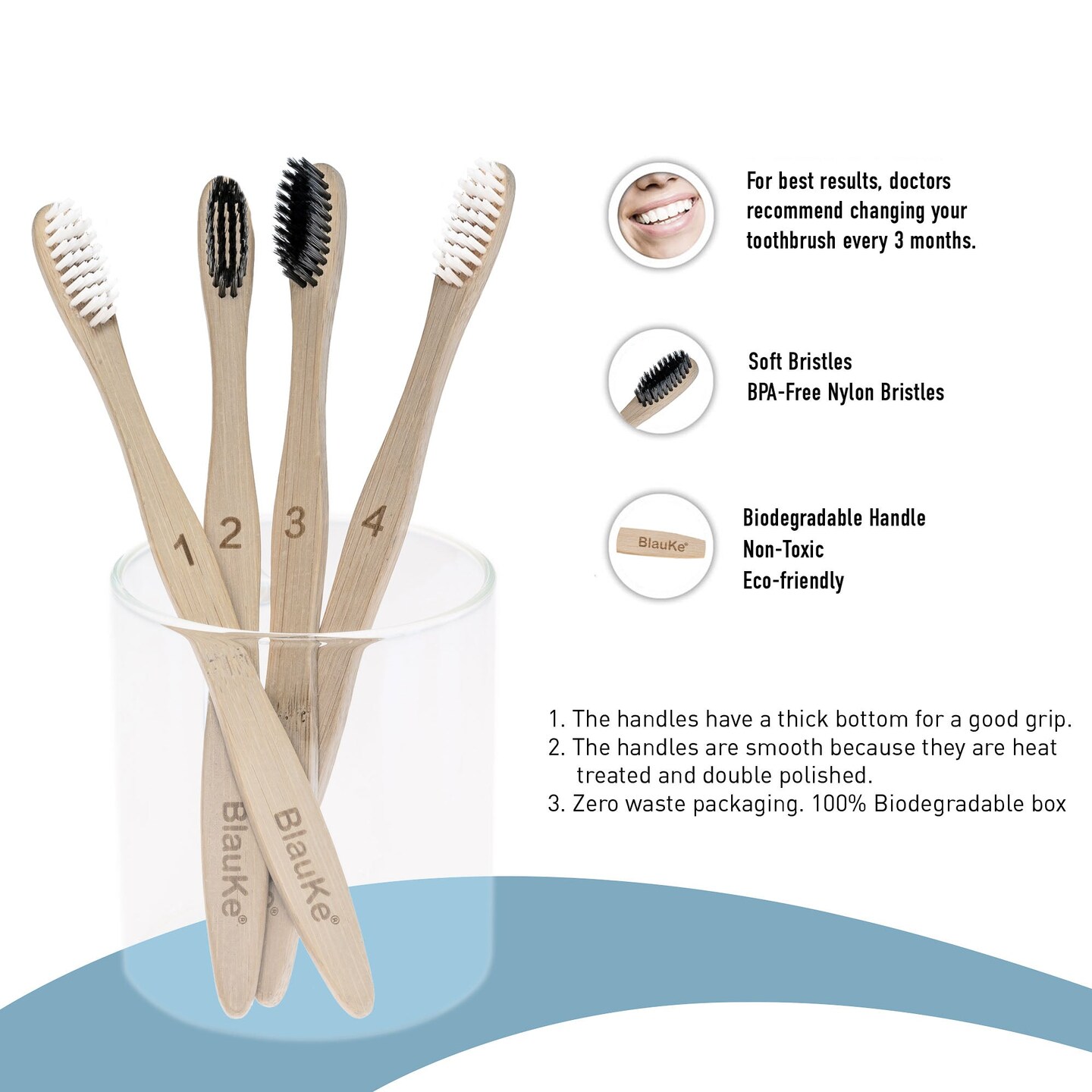 BlauKe&#xAE; Bamboo Toothbrush Set 4-Pack - Bamboo Toothbrushes with Soft Bristles for Adults - Eco-Friendly, Biodegradable, Natural Wooden Toothbrushes