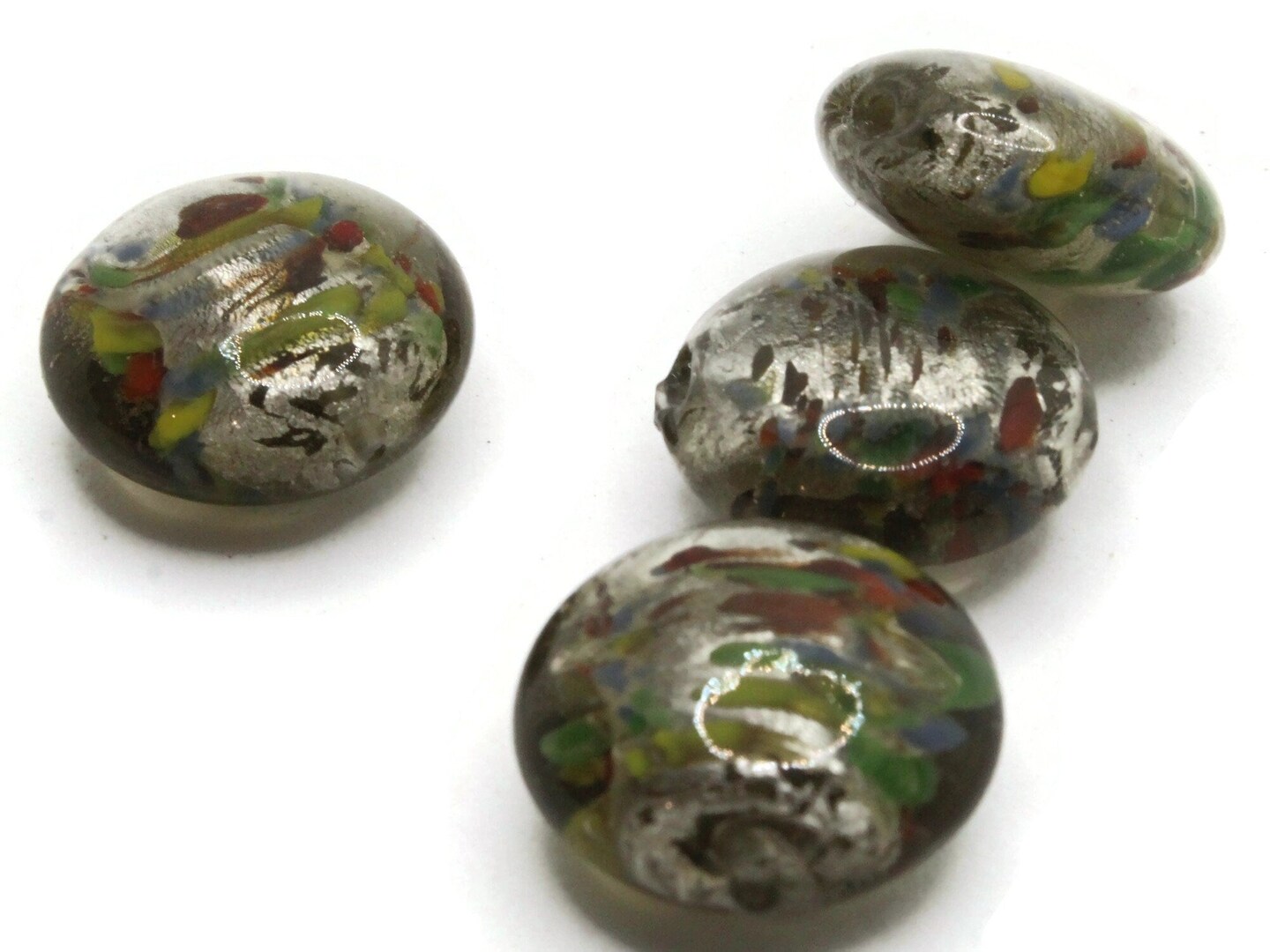 4 21mm Gray Speckled Coin Flat Round Lampwork Glass Beads