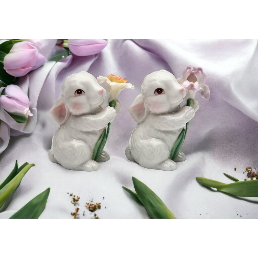 kevinsgiftshoppe Ceramic Bunny Rabbits with Flowers Salt and Pepper Shakers Home Decor  Kitchen Decor Spring Decor