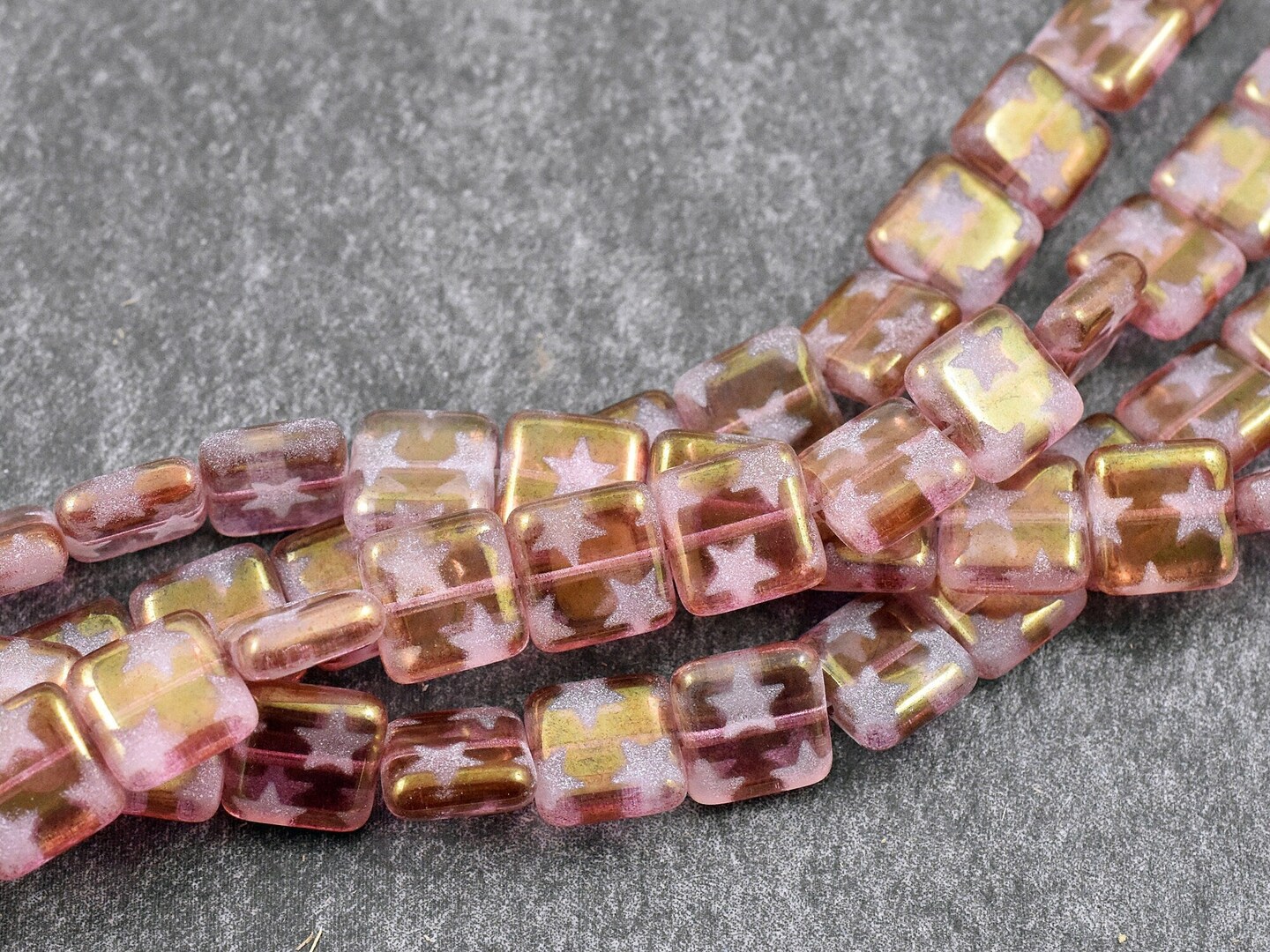 *20* 10mm Bronzed Rose Pink w/ Stars Flat Square Beads
