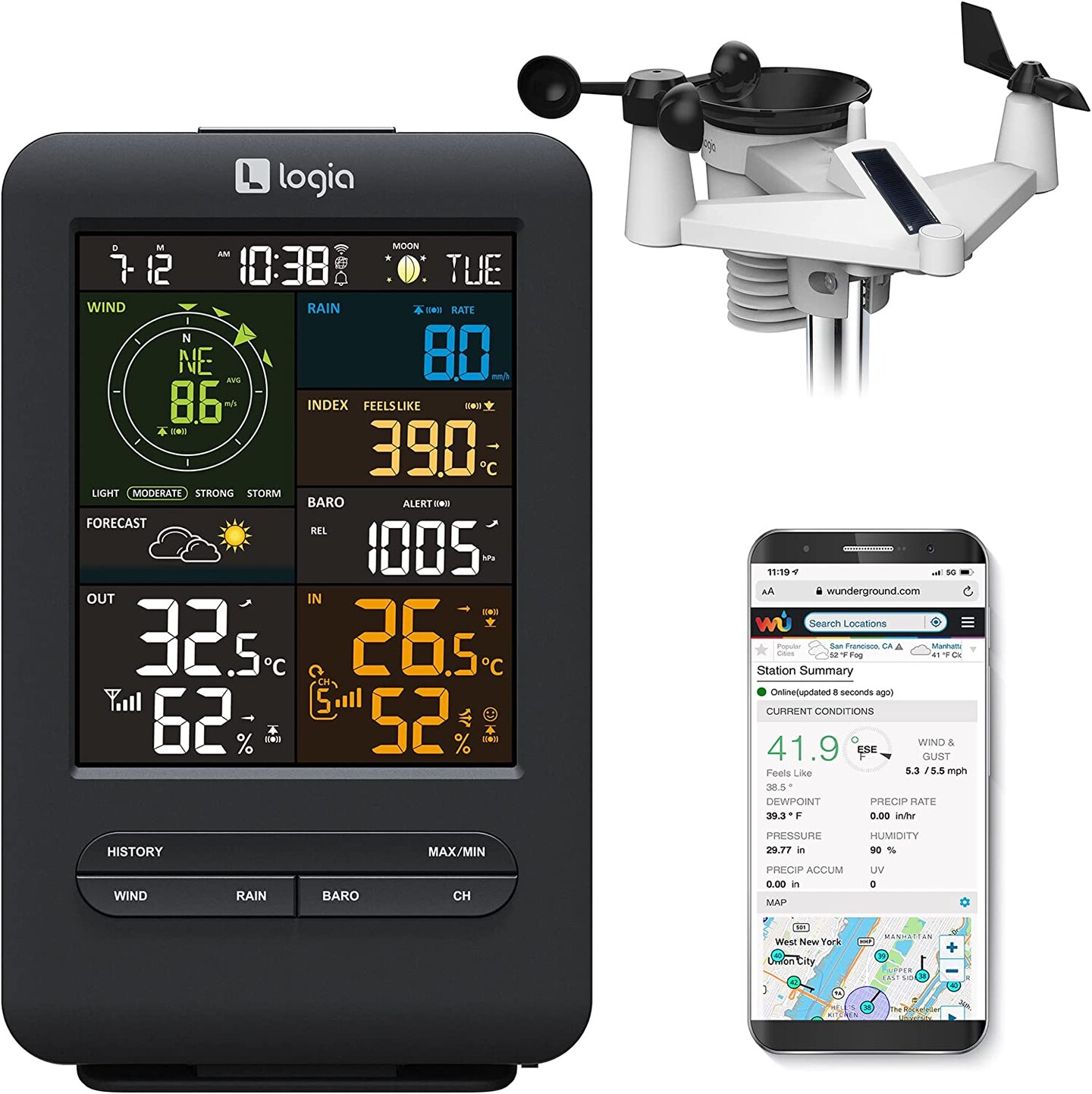 Logia 5-in-1 WiFi Wireless Weather Station with solar panel and Black LED Display