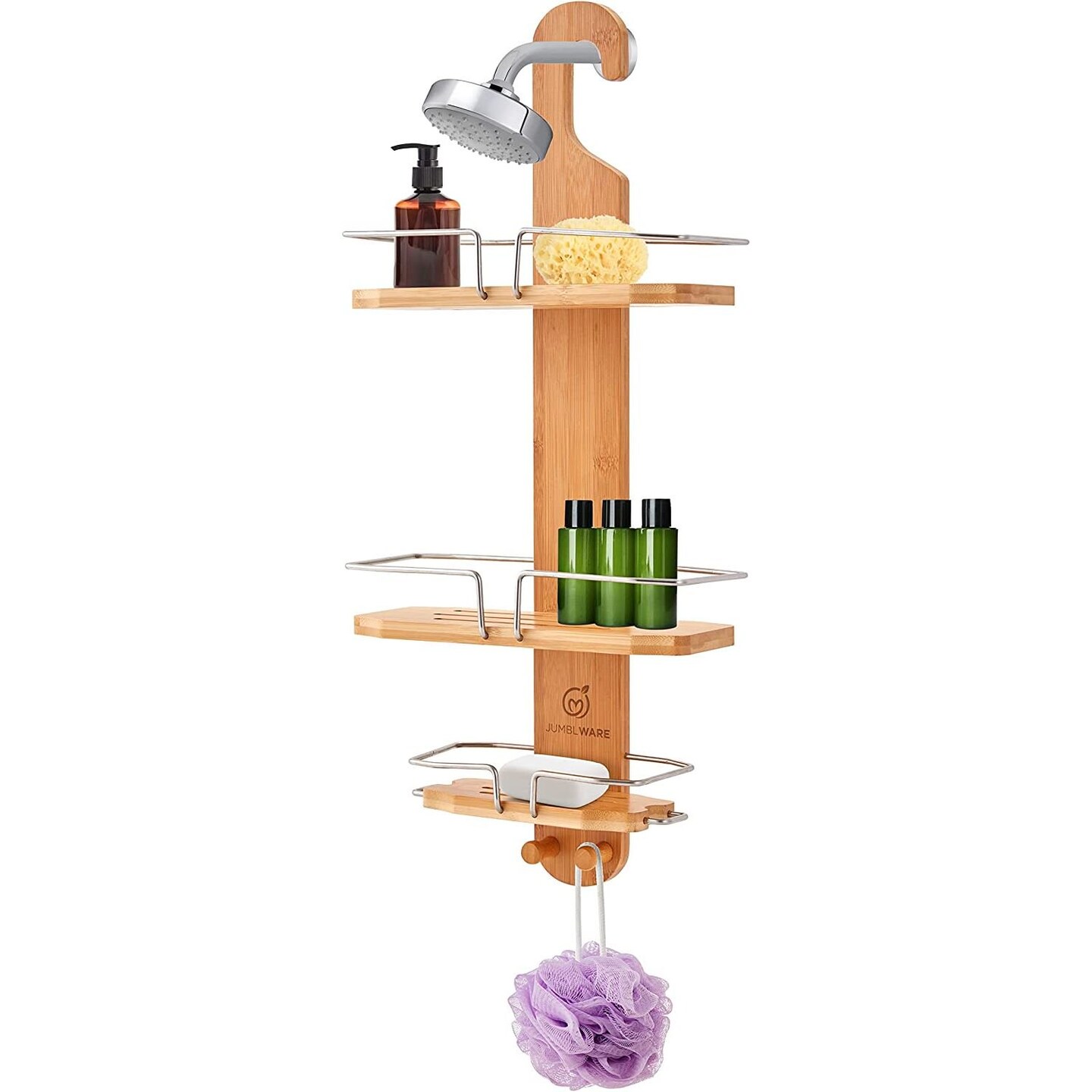 JumblWare Bamboo Shower Caddy, 11.7 x 26.8&#x22; Hanging 3-Tier Suction Cup Shower Organizer