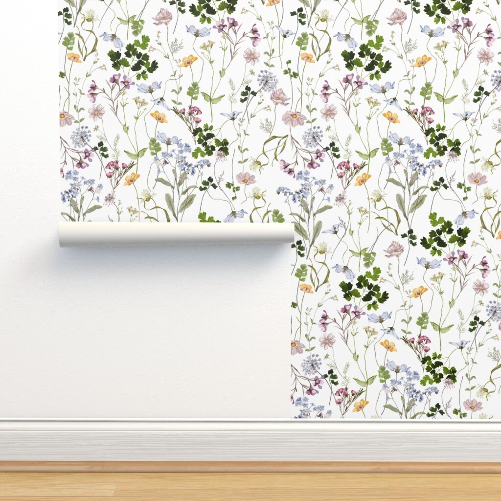 Cottagecore Botanical Garden Hand Painted Watercolor Floral Summer Spring Custom Removable Wallpaper by Spoonflower Peel & Stick Wallpaper 2FT Wide