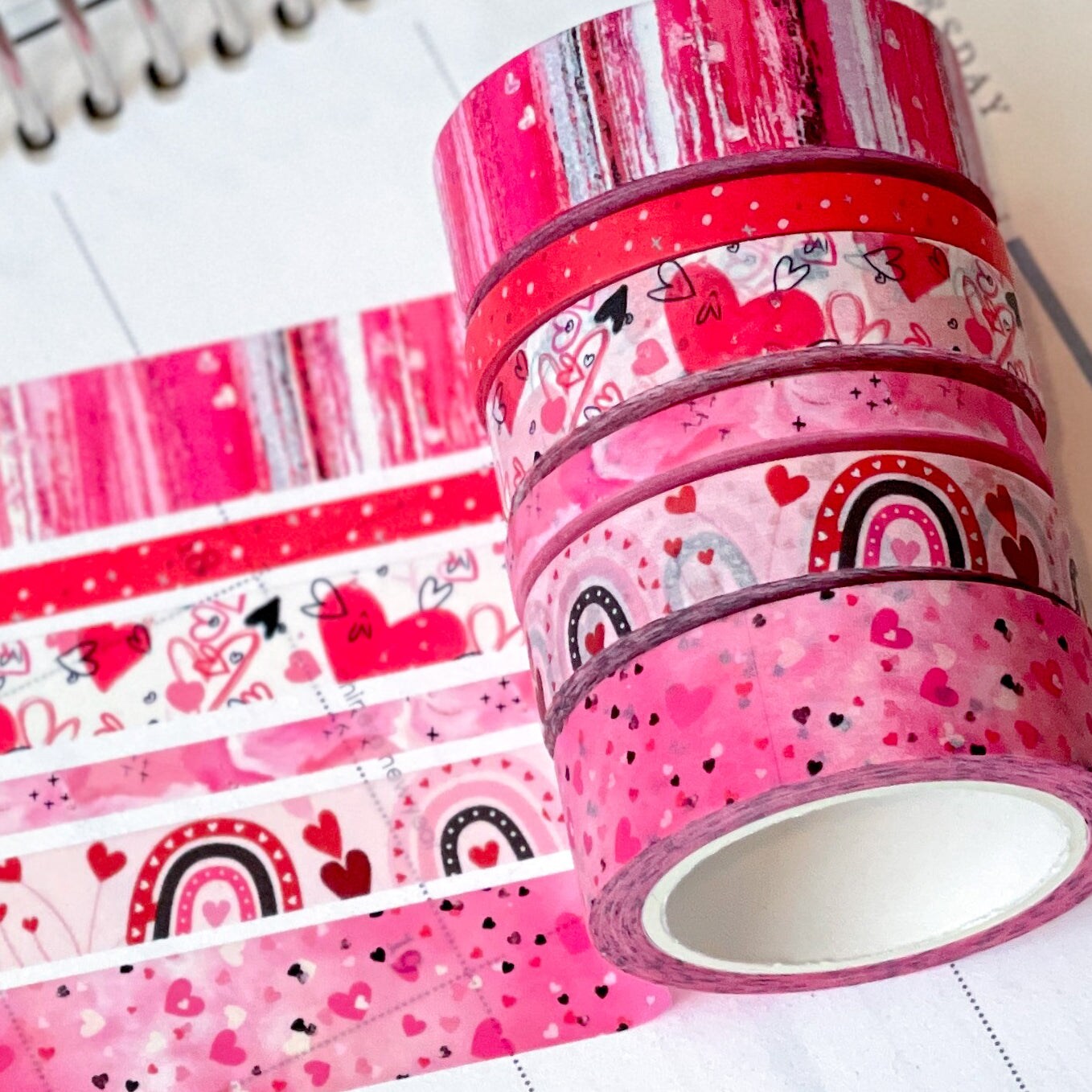 Valentine's Red & Pink Herts Boho Stripes Watercolor Washi Tape Set (#W076)