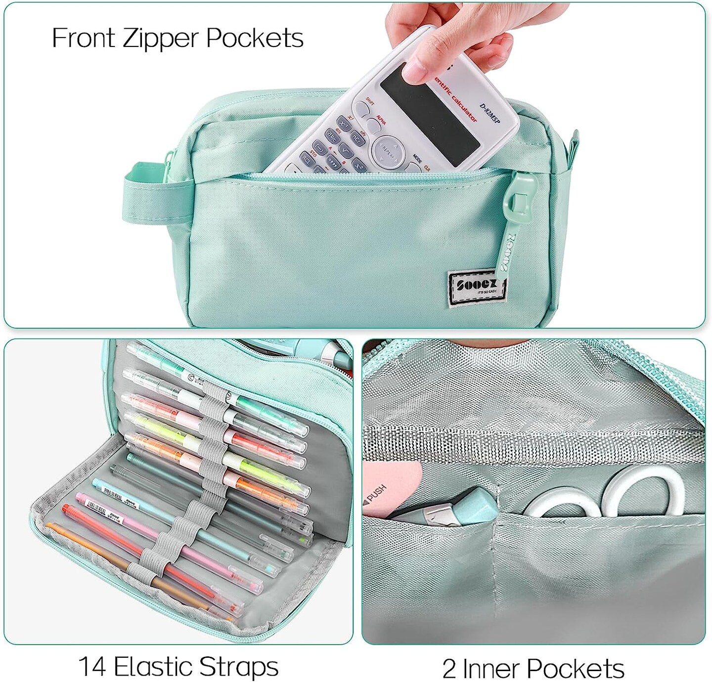 High Capacity Pencil Pen Case, Durable Pencil Bag Pouch Box Organizer Cases, Portable Journaling Supplies with Easy Grip Handle & Loop, Asthetic Supply for Girls Adults, Mint Green