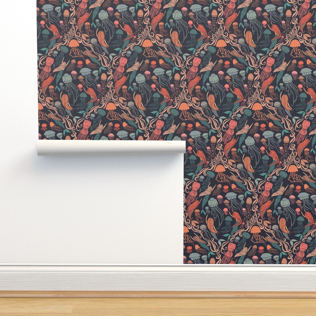 Coastal Whimsical Ocean Mermaid Jellyfish Swimming Custom Removable Wallpaper by Spoonflower Peel & Stick Wallpaper 2FT Wide