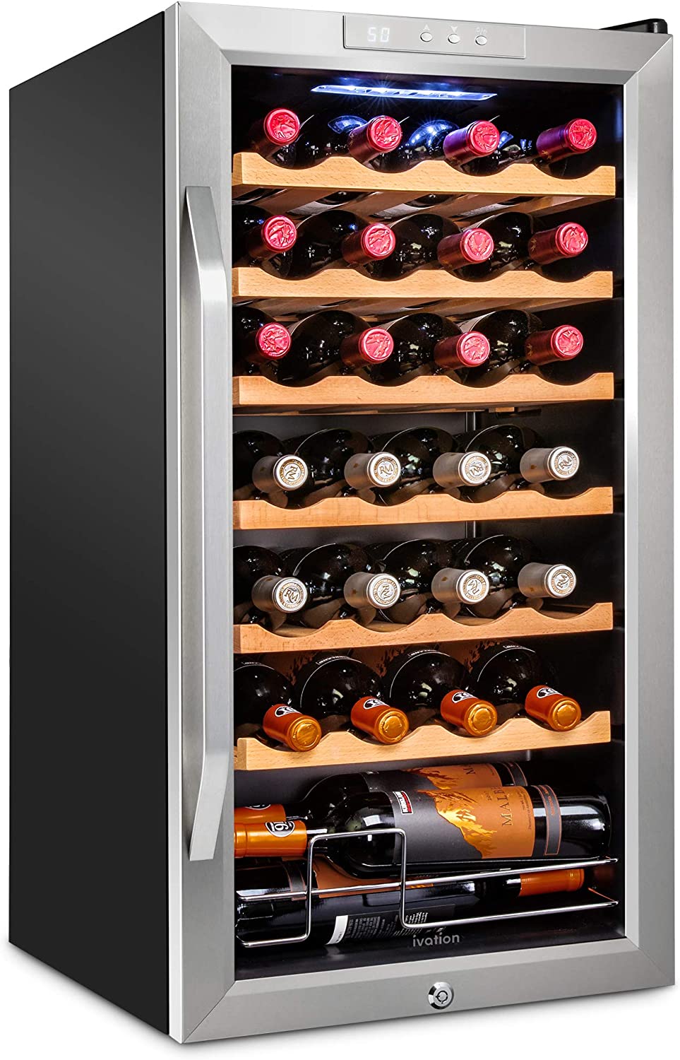 Ivation 28-Bottle Wine Cooler, Stainless Steel Freestanding Wine Fridge with Lock