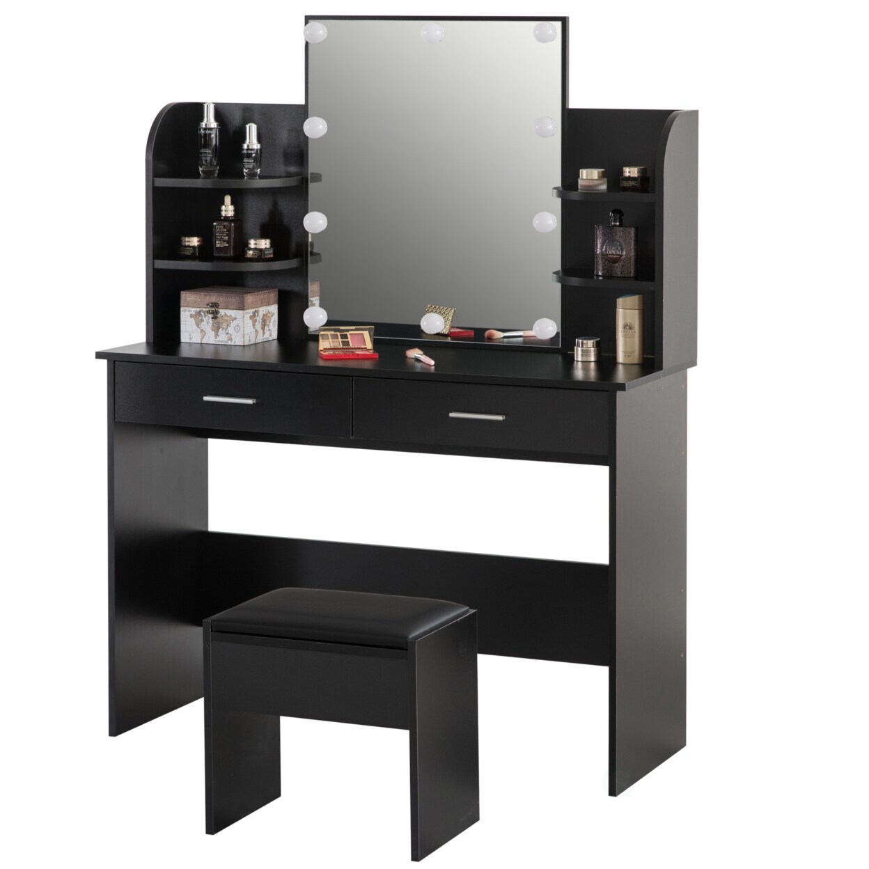 Basicwise Modern Wooden Vanity Dressing Table With Two Drawers Led Mirror and Stool