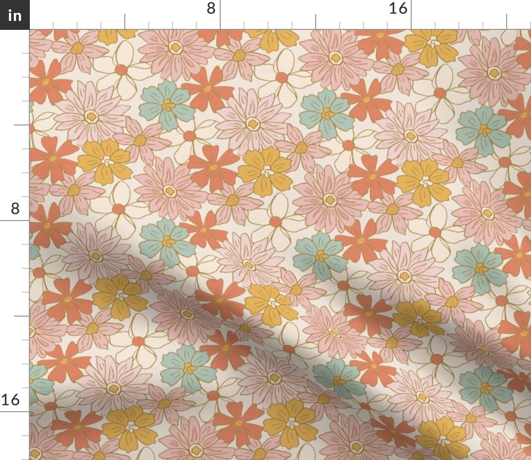 Retro Floral Cute 70S Vintage Style Multicolor Botanical Groovy Pink Yellow Custom Printed Fabric by Spoonflower Various Fabrics by the Yard or Fat Quarter