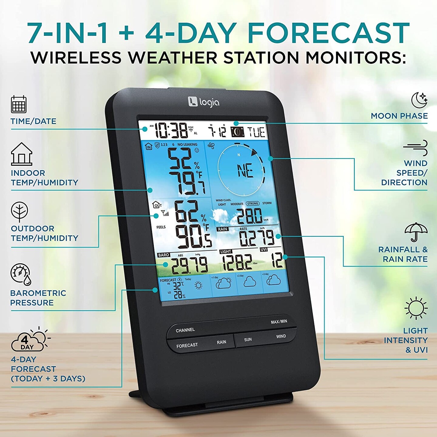 Logia 7-in-1 Wireless Weather Station 5.5" with 3-Day Forecast