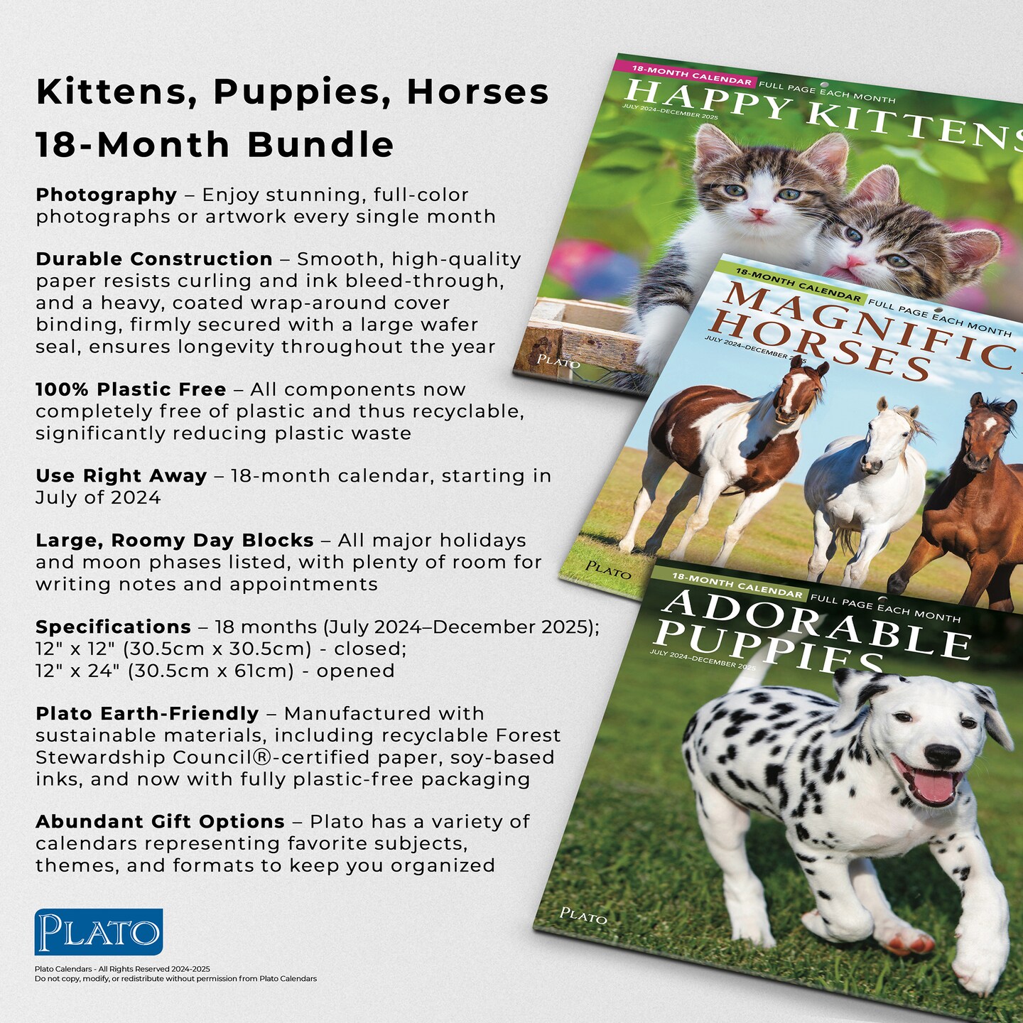 Kittens, Puppies, and Horses 2025 18 Months Bundle | Three Square Wall Calendars | July 2024 - December 2025 | Plato | Animals Pets Family
