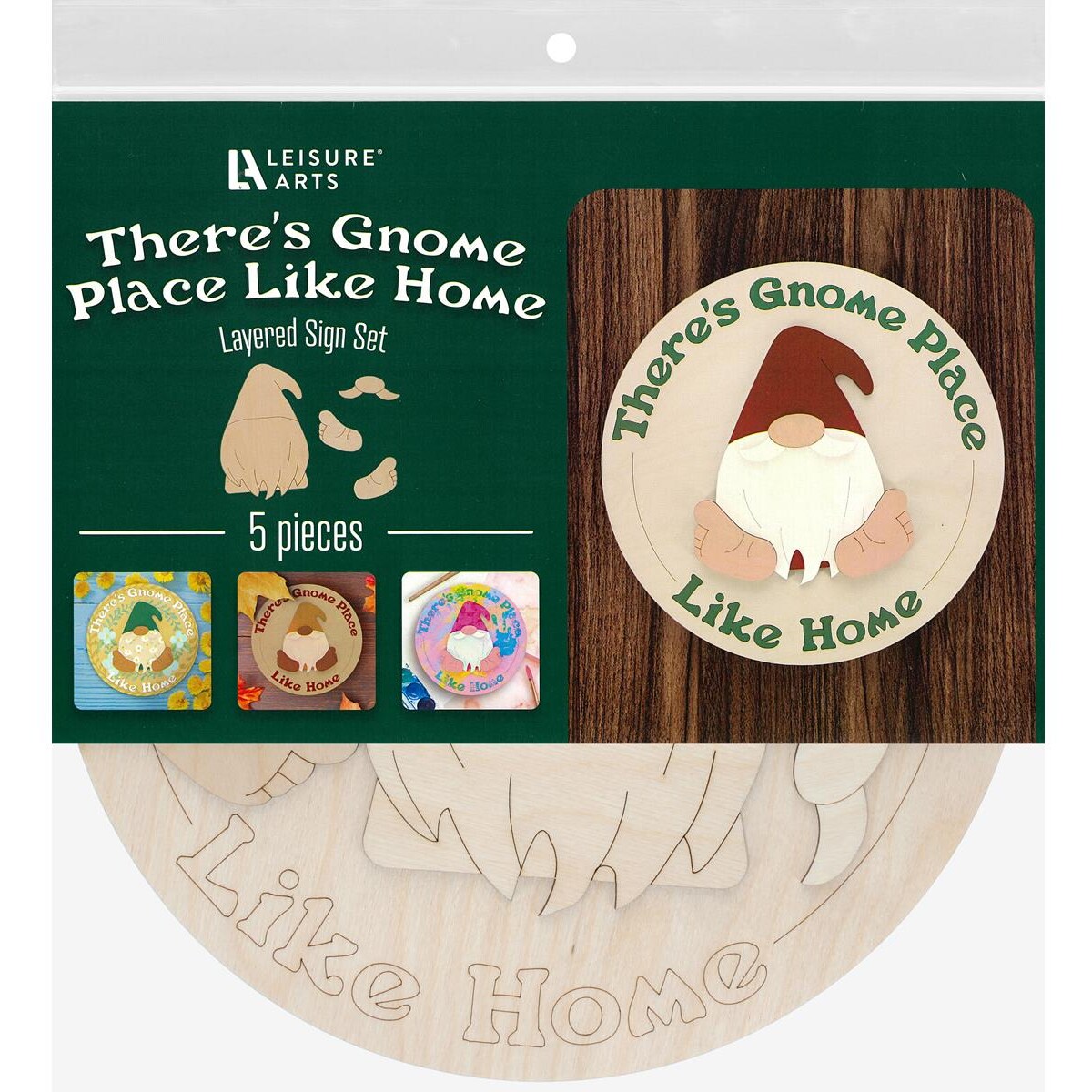 Leisure Arts Wood - Garden Layered Sign Set, There&#x27;s Gnome Place Like Home, 5pc, 12&#x22;x 12&#x22;, Gnome Craft Kit, Wood Christmas Cutouts, Wood Ornaments To Paint, Gnome Crafts, Wood Gnomes to Paint, Unfinished Wood Gnome