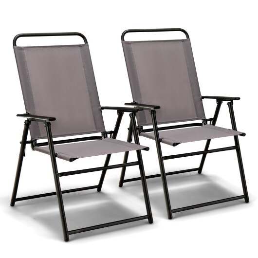 Set of 2 Outdoor Folding Sling Chairs with Armrest and Backrest-Grey