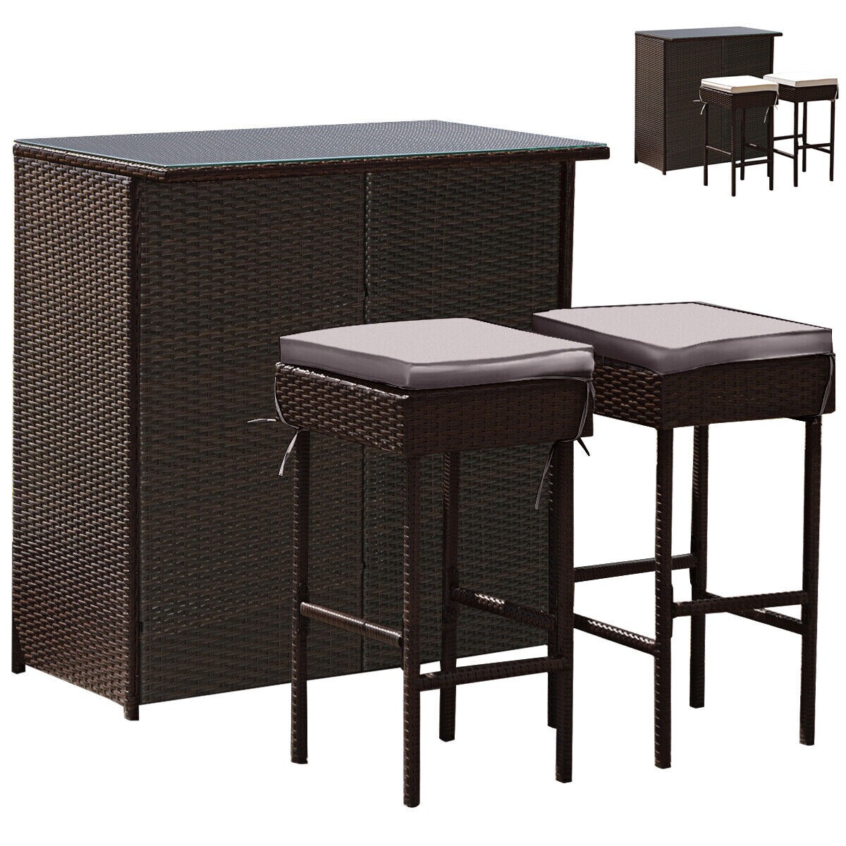 3-piece Rattan Wicker Bar Table Stools Dining Set Cushioned Chairs
