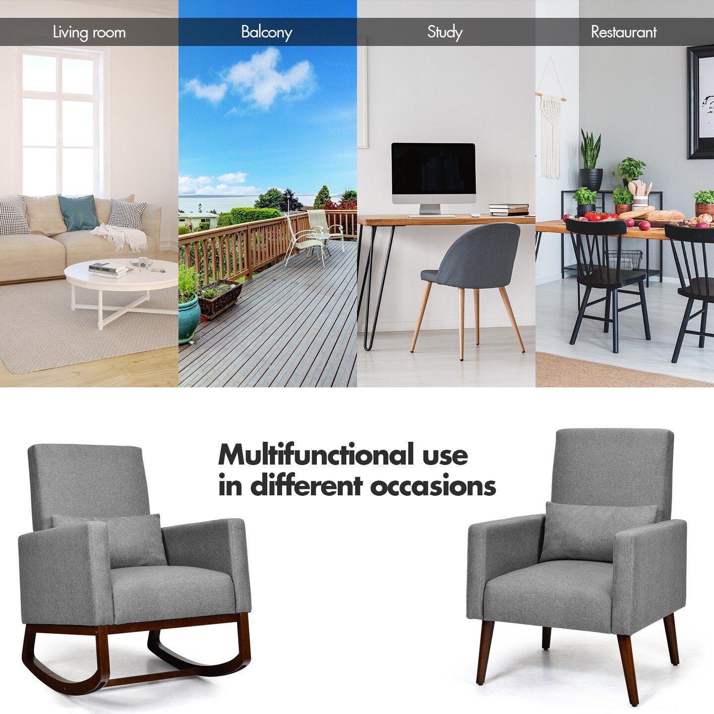 2-in-1 Fabric Upholstered Rocking Chair with Pillow