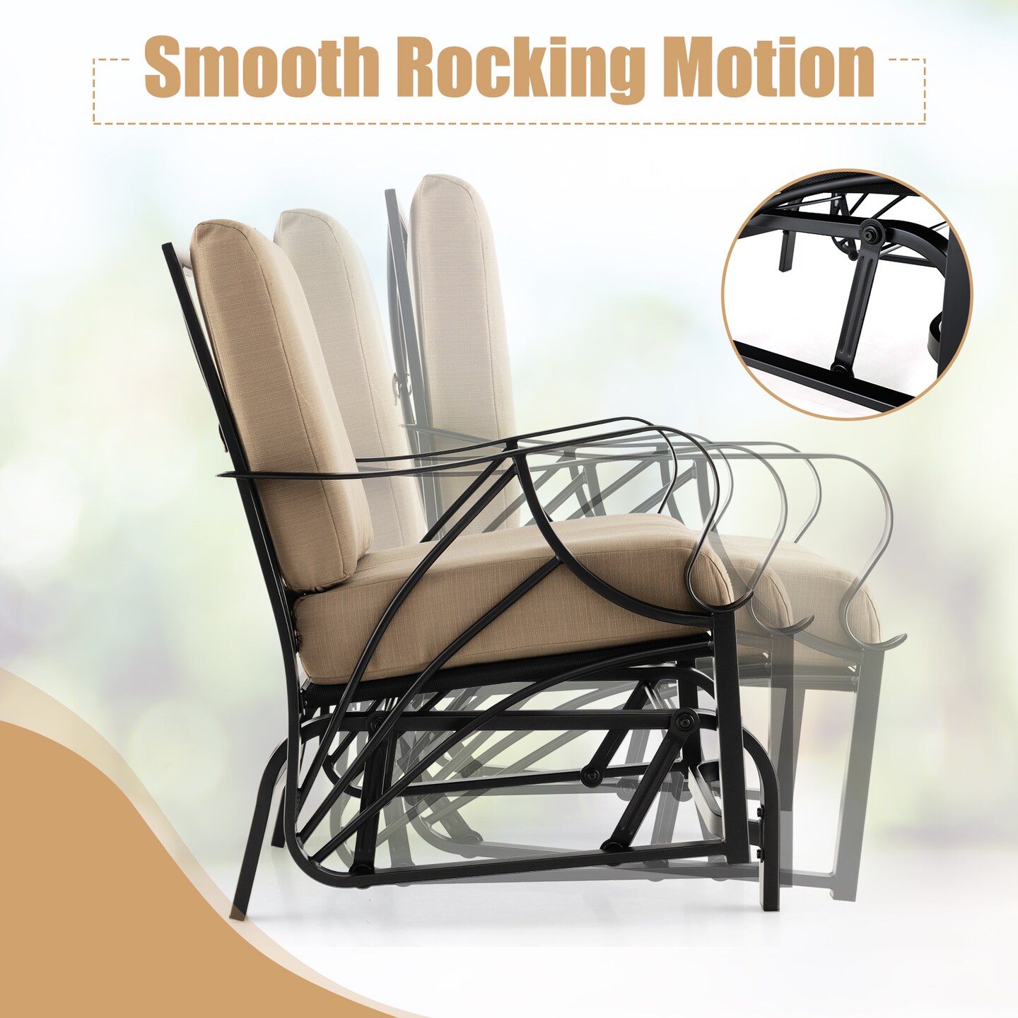 Tan Fabric Patio Glider Chair Outdoor Rocking Bench with High Back and Armrest