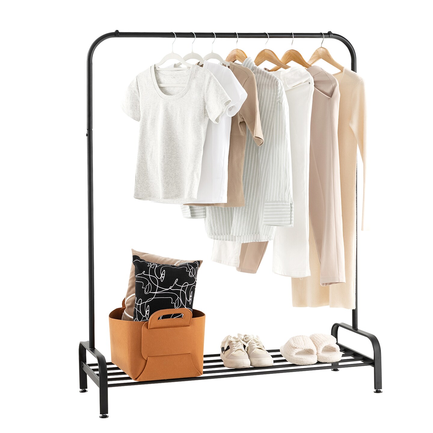 Black Metal Heavy Duty Clothes Stand Rack with Top Rod and Lower Storage Shelf