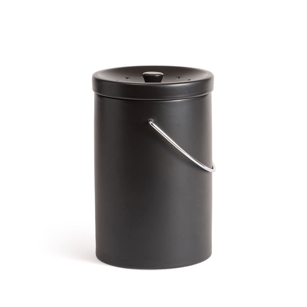 10.7&#x22; Black Ceramic Compost Bin