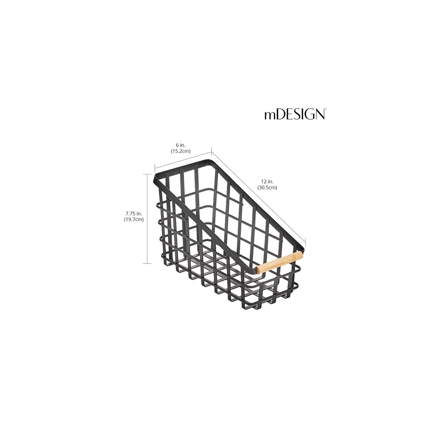 mDesign Slim 6&#x22; Slanted Metal Kitchen Bin Basket, Wood Handle