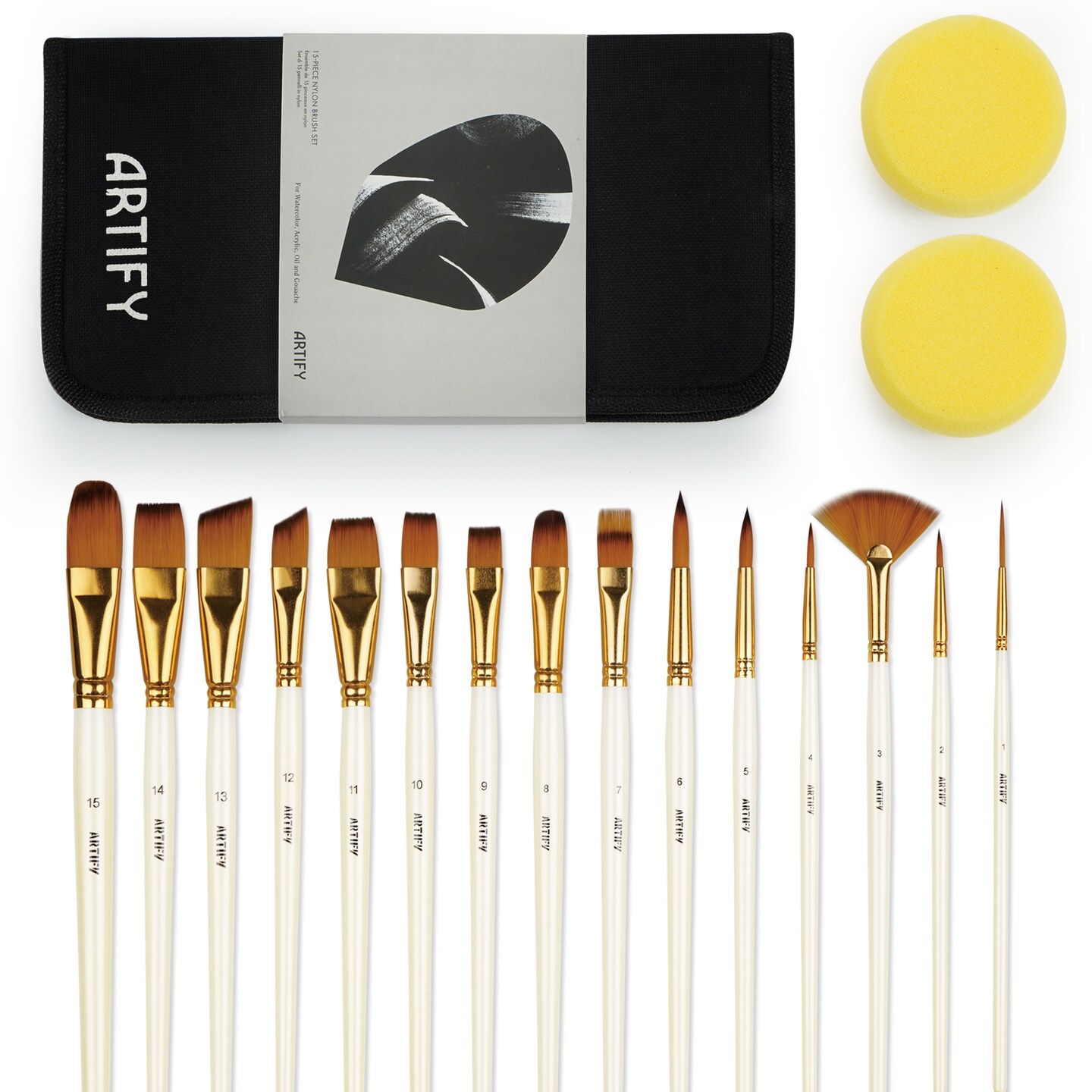 ARTIFY 15 Pieces Paint Brush Set, Intermediate Series, Includes Pop-Up Carrying Case with Palette Knife and 2 Sponges, for Acrylic, Oil, Watercolor and Gouache Painting - Pearl White