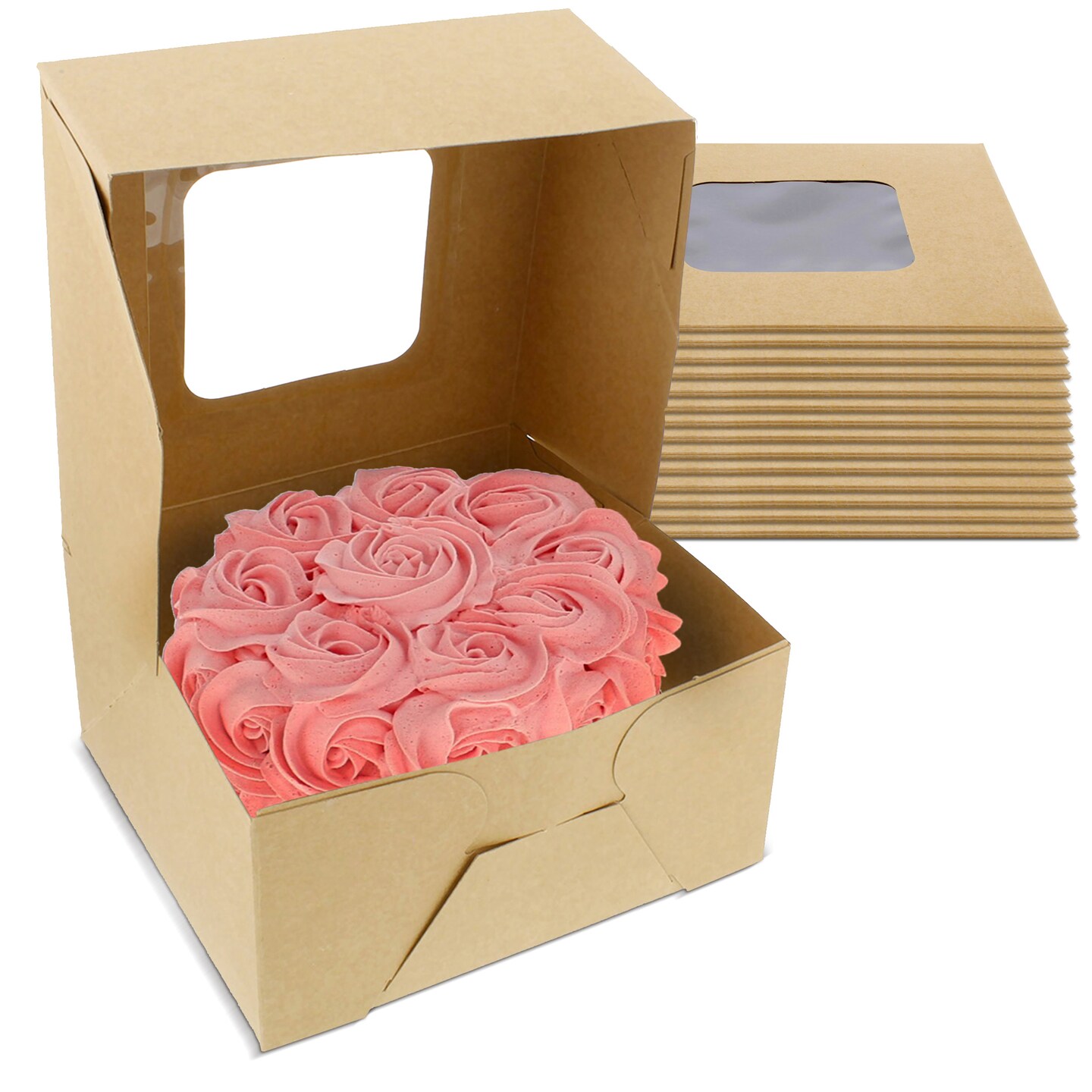 Spec101 Easy Popup White Bakery Boxes with Window 6x6x3 Inch Cake Boxes
