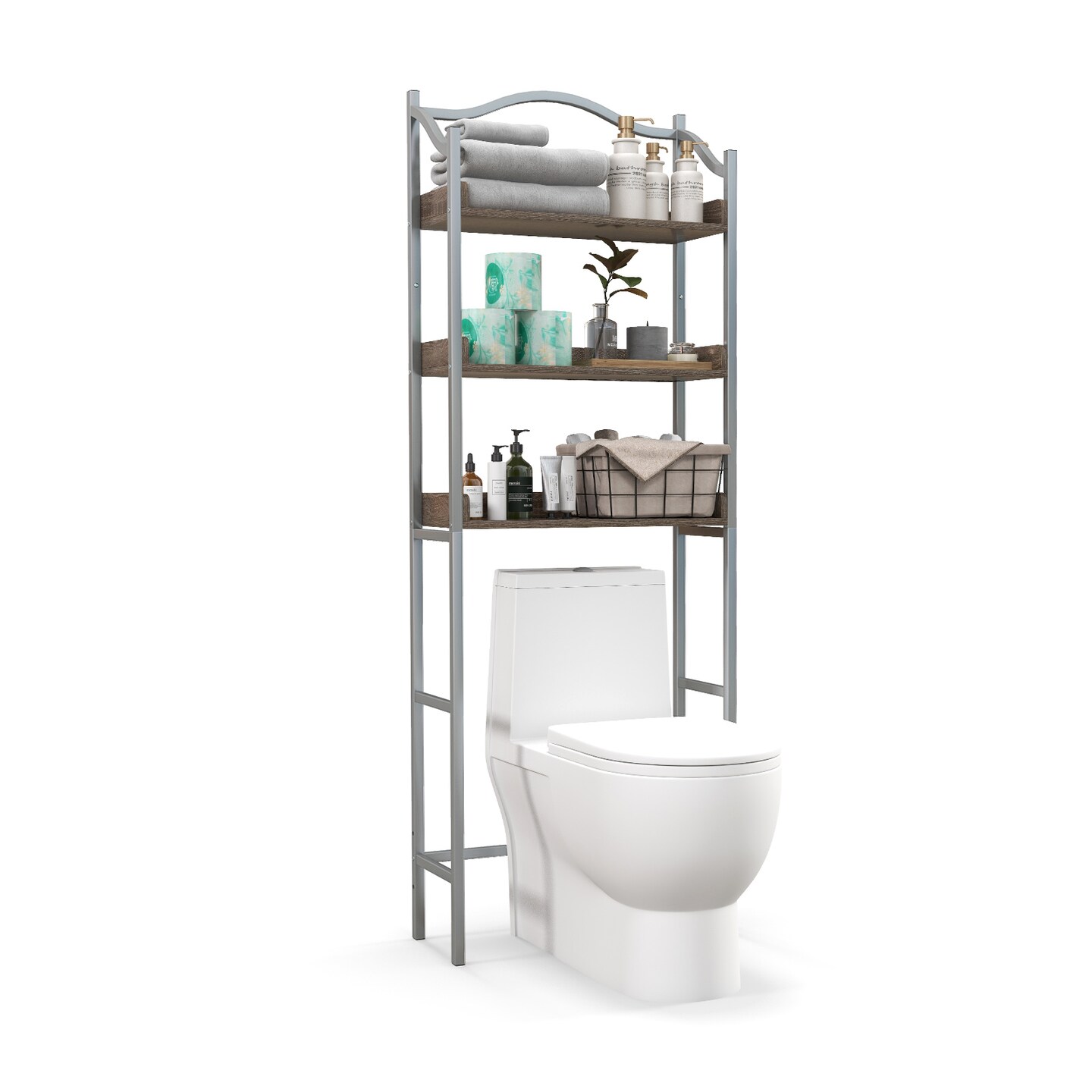 Brown Grey Bathroom Storage Shelf 3-Tier Over Toilet Rack Iron Wood Space Saver