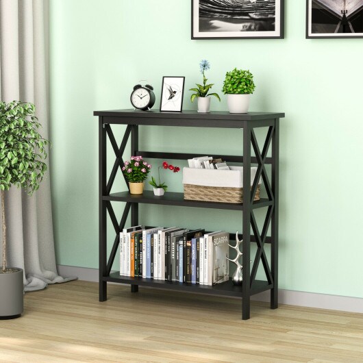 3-Tier Bookshelf Wooden Open Storage Bookcase for Home Office-Black