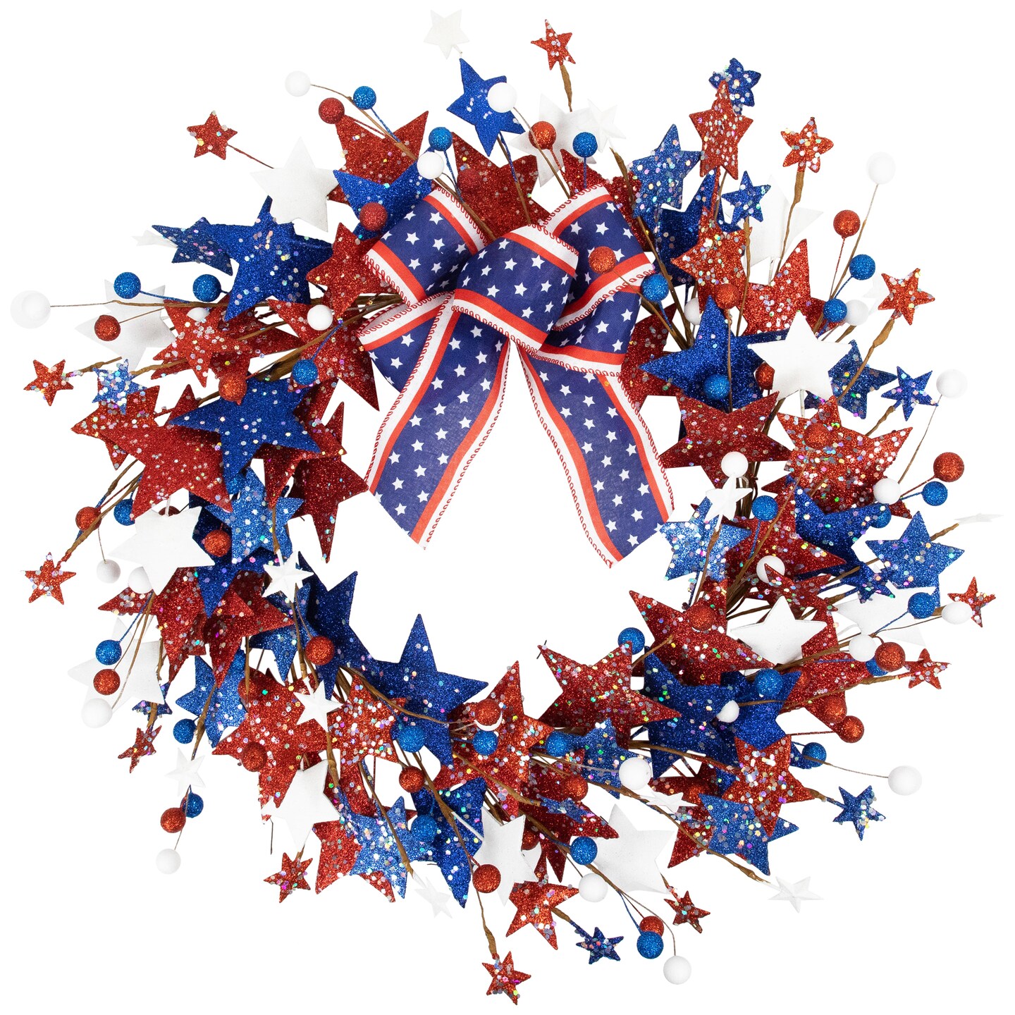 Northlight Stars and Stripes Glittered Patriotic Artificial Twig Wreath - 24&#x22;