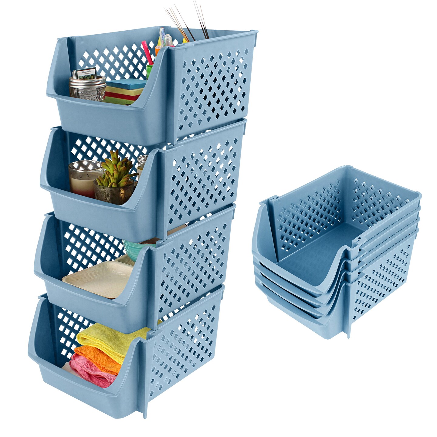 Spec101 Plastic Stackable Storage Bins - 4pc Pantry Closet Organizer Bins