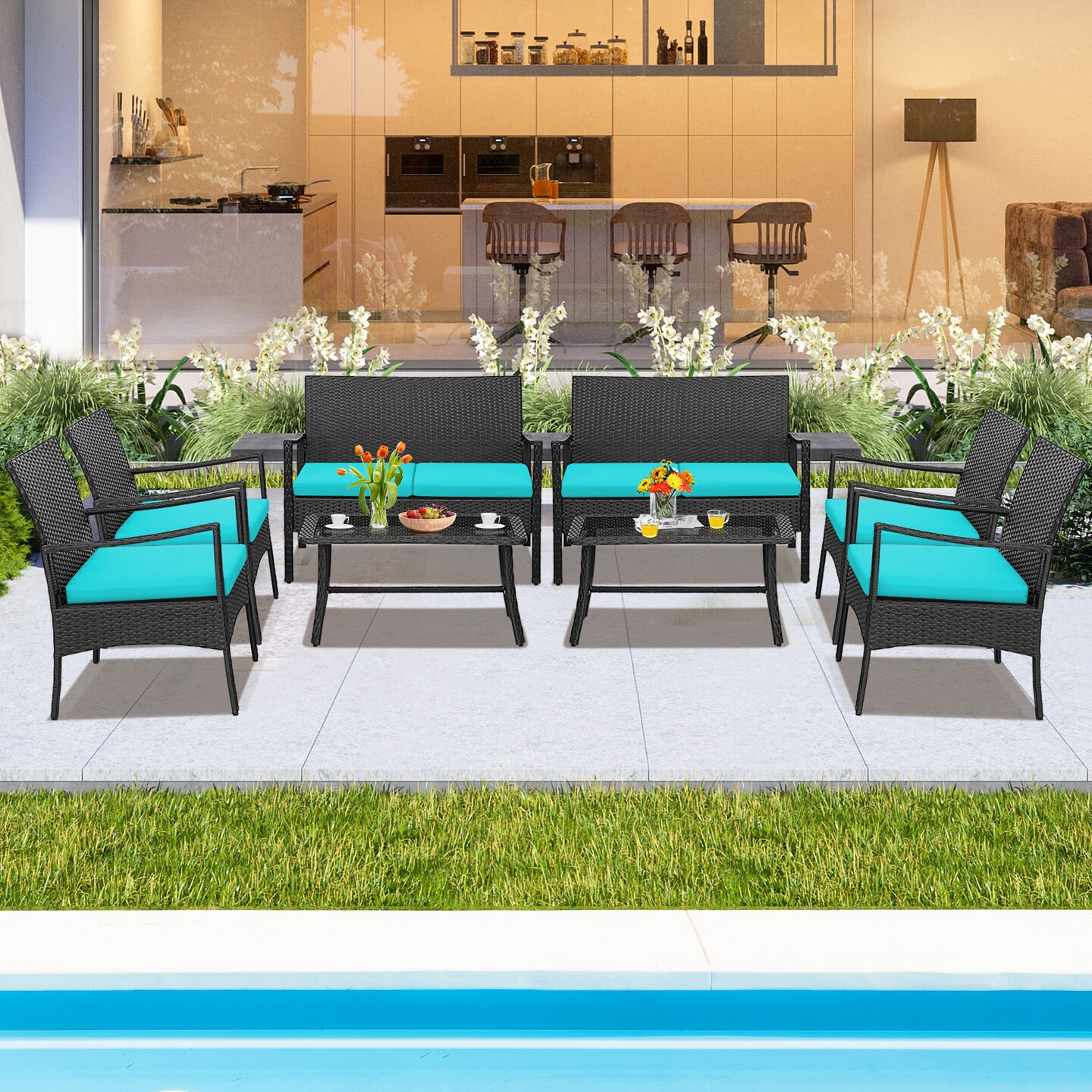 Costway 8PCS Patio Wicker Furniture Set Cushioned Chairs& Loveseat with Coffee Table Garden