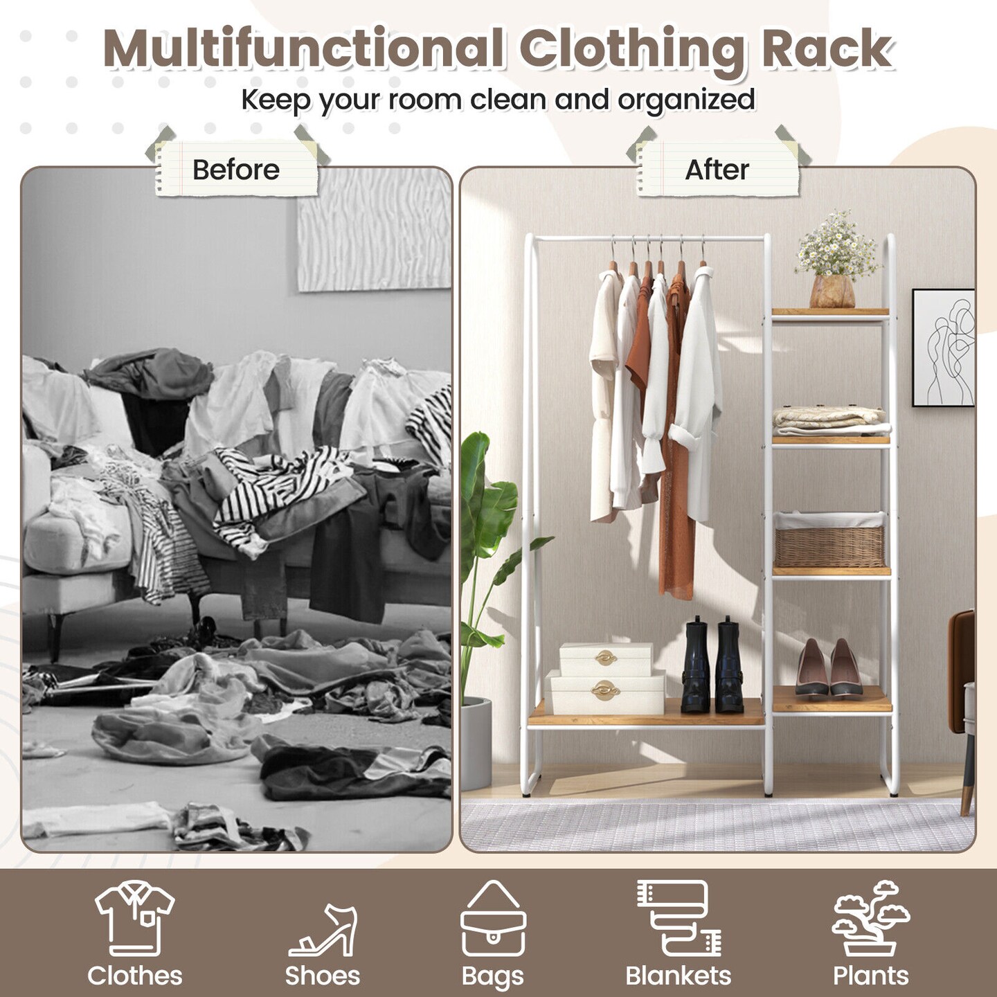 Clothes Rack Free Standing Storage Tower with Metal Frame Suitable for Various Place