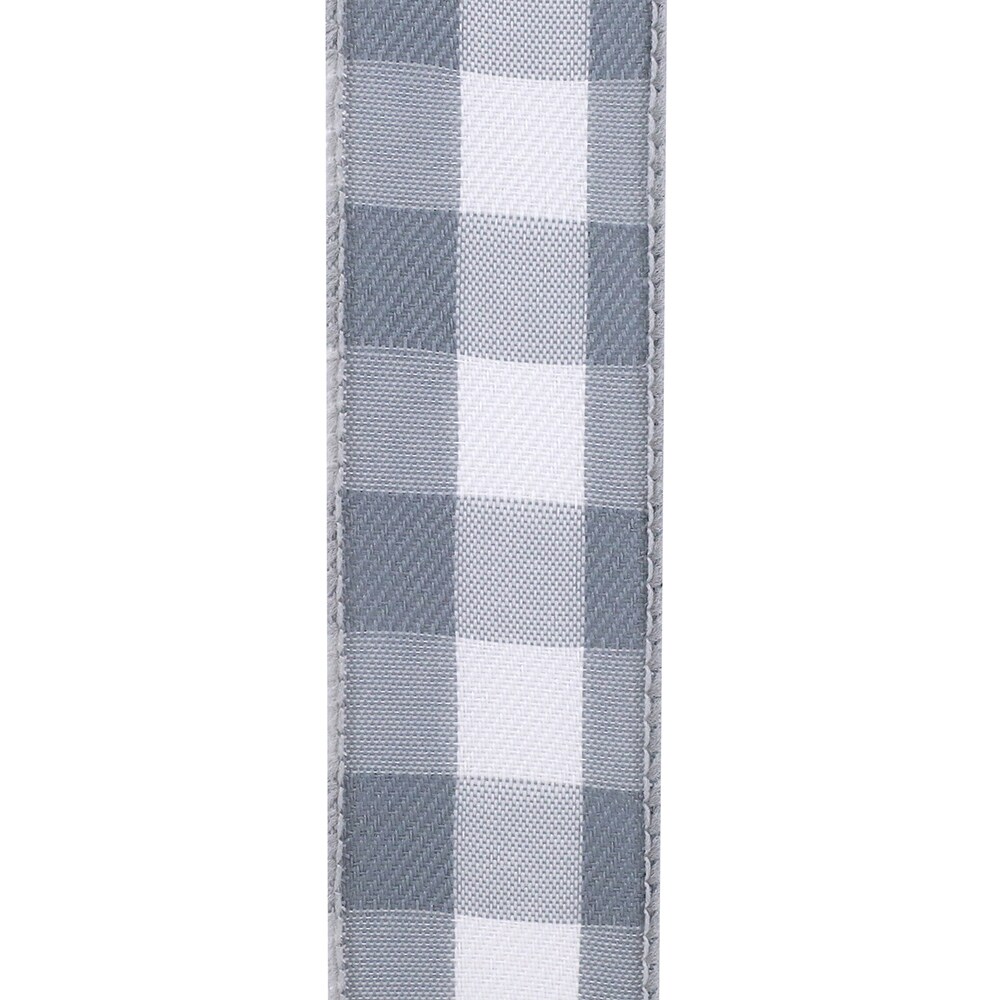 1.5 in x 10 yards --- Celine Plaid Twill Wired Edge Ribbon --- White/ Grey Color
