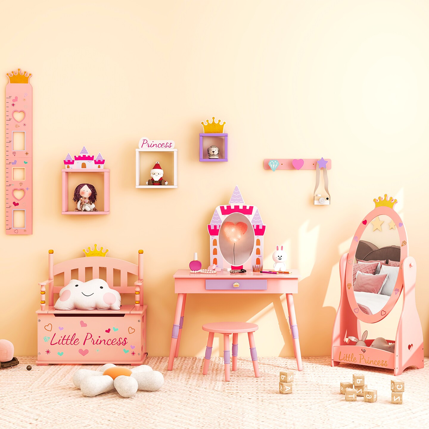 Costway Kids Princess Wooden Bench Seat Toy Box Storage Organizer Children Playroom Pink