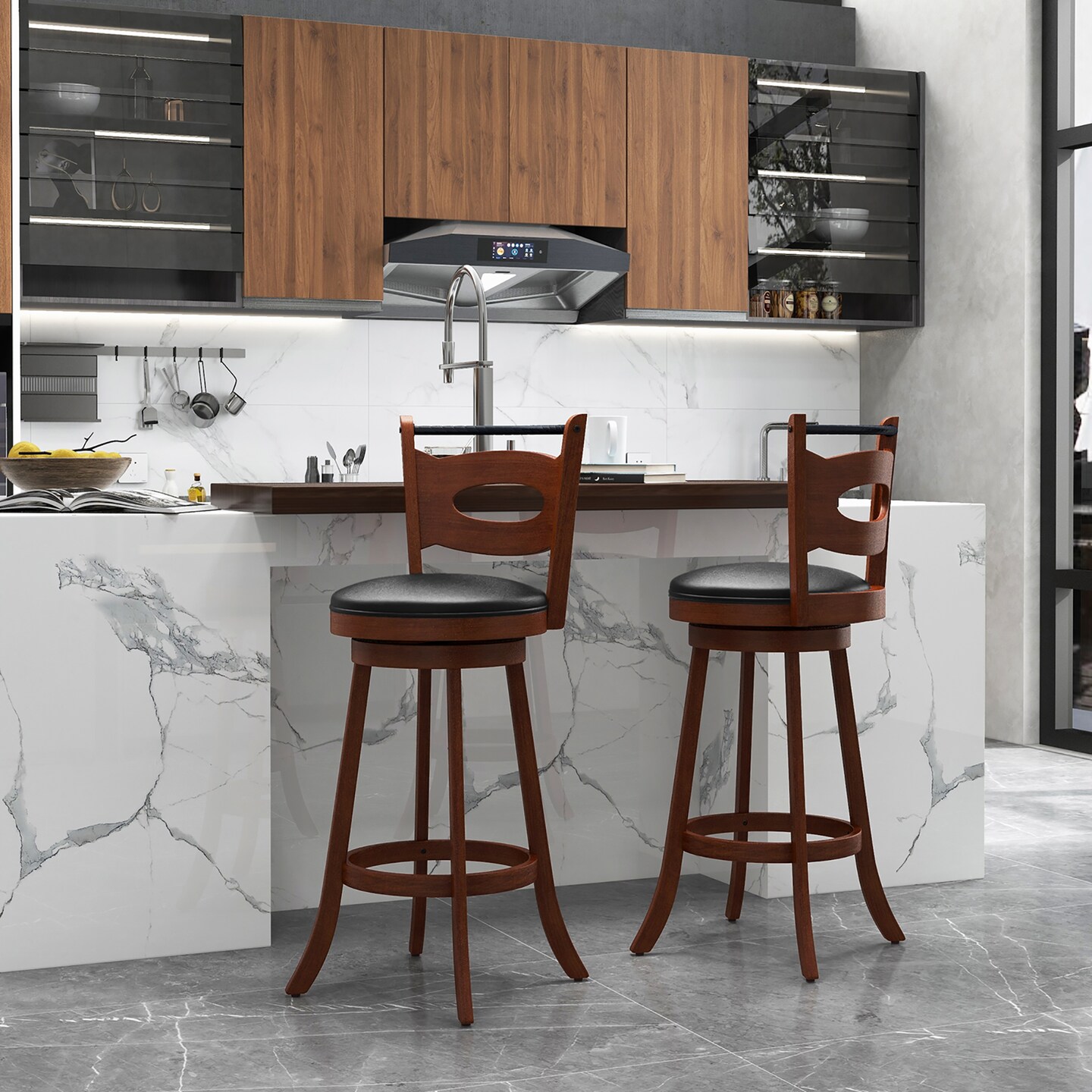 Costway Set of 2 Bar Stools 360&#xB0; Swivel Dining Chairs Solid Rubber Wood Leather Padded Seat Counter Height