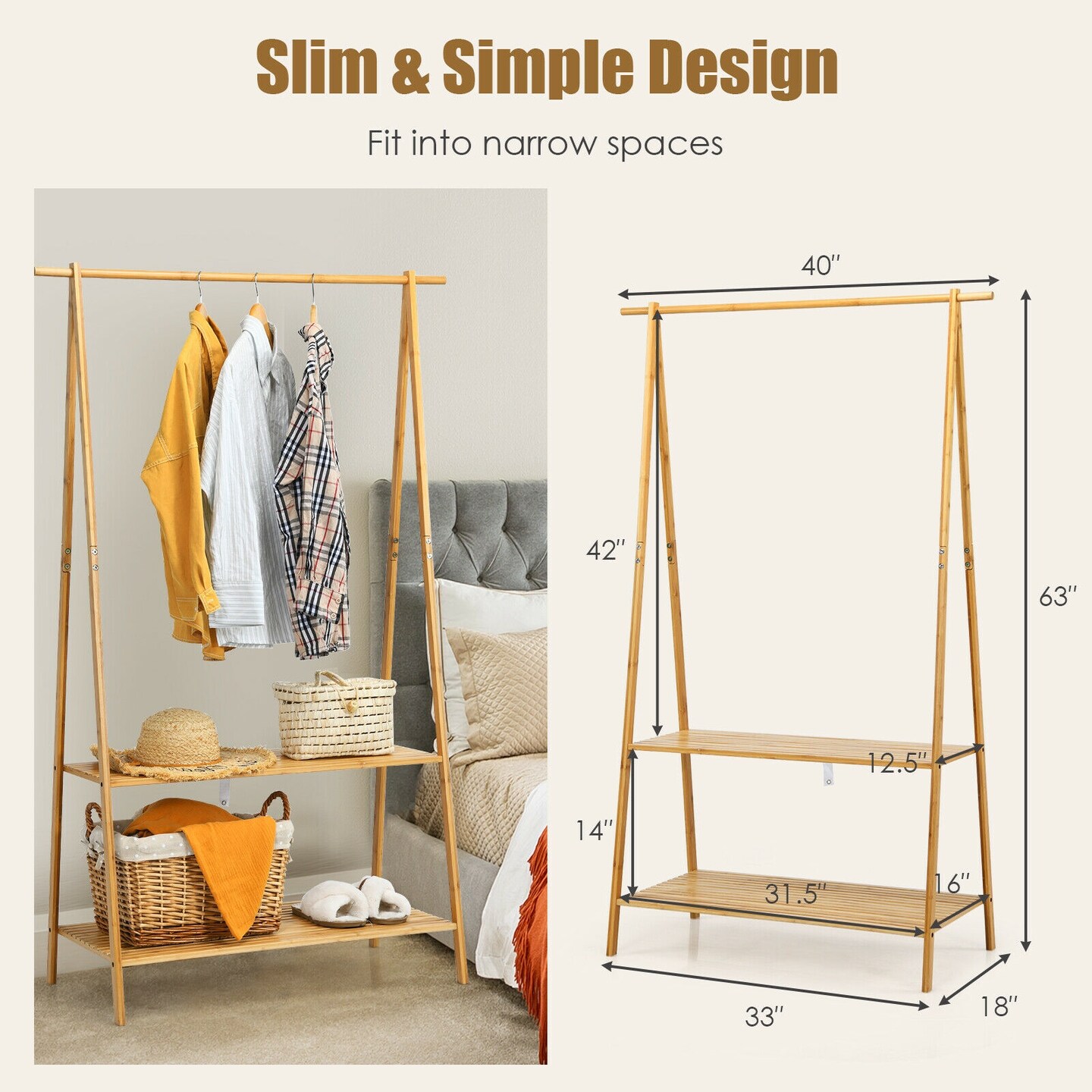 Wicker Clothes Hanging Rack with 2-Tier Storage Shelf for Entryway Bedroom